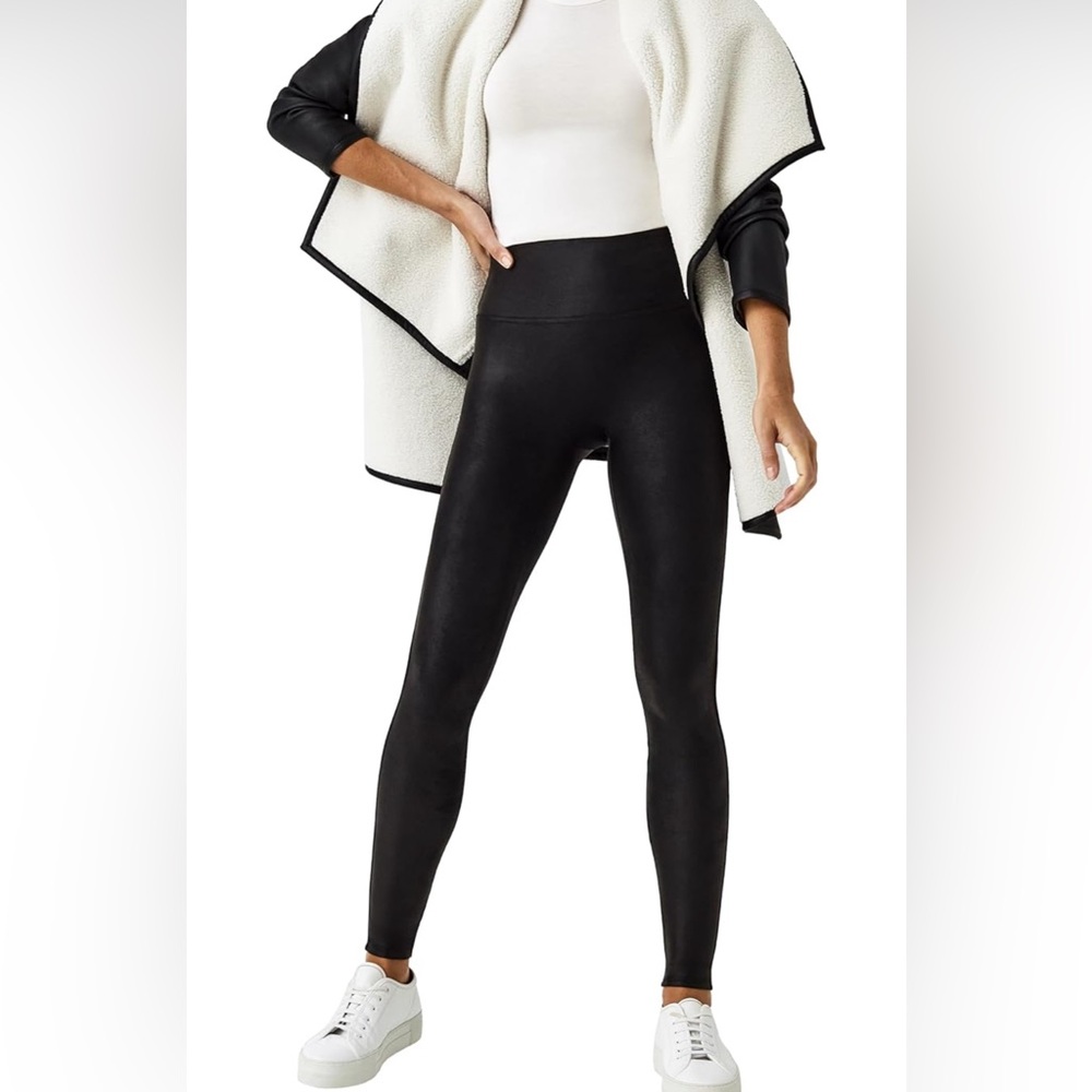 SPANX Black Faux Leather Textured High-Waisted Leggings